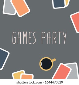 Playing cards and cup of coffee on the gray background. Free space for text. Games party. Pastel color