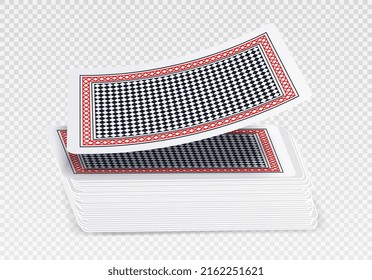 Playing cards deck. Gambling set and collection, reversed shirt and counting cards before new draw. Poker or blackjack online, internet entertainment. Realistic isometric vector illustration