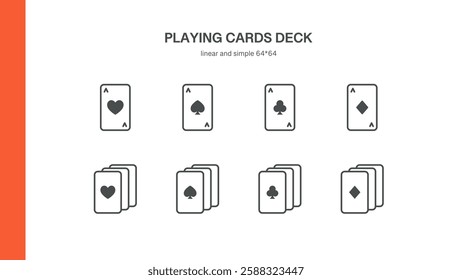 Playing Cards Deck Icon Set. Thin Line Illustration of Poker Cards with Heart, Spade, Club, and Diamond Suits for Gambling and Casino Games. Isolated Vector Symbols.