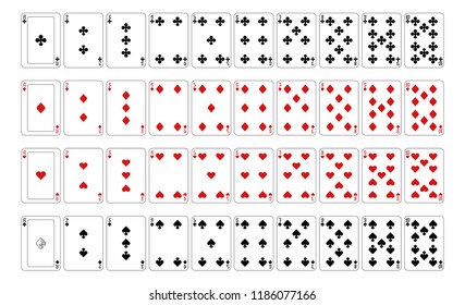 Playing cards deck set of aces and all number cards from 2 to 10 from a new modern original complete full deck design. Standard poker size.