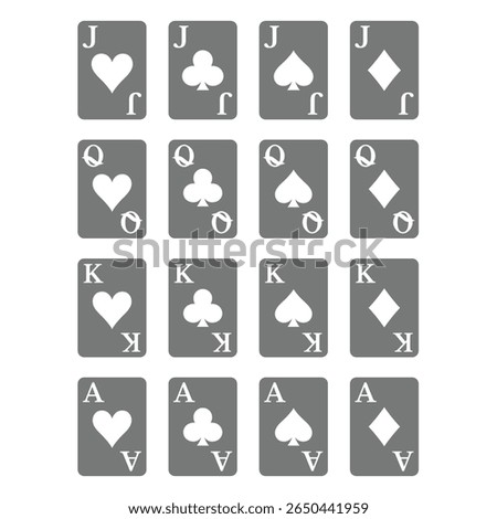 Playing cards deck vector icon set. Queen, jack, king and ace suits icons.
