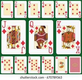 Playing cards, diamond black jack suit, joker and back. Faces double sized. Green background in a separate layer