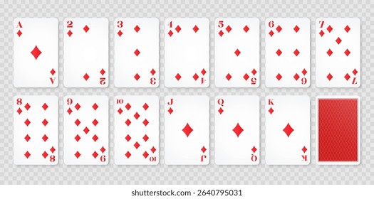 Playing cards diamond suit and back. Set of poker playing cards. Vector illustration