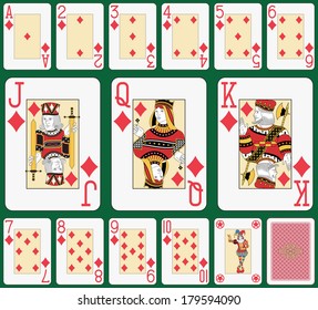 Playing cards diamond suit, joker and back. Faces double sized. Green background in a separate level 