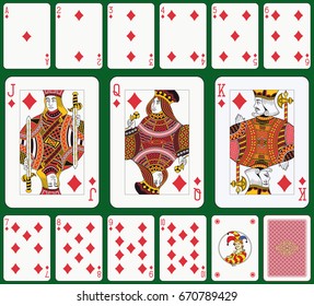 Playing cards, diamond suit, joker and back. Faces double sized. Green background in a separate layer