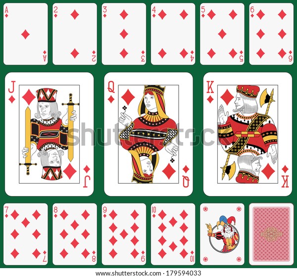 Playing cards diamond\
suit, joker and back. Faces double sized. Green background in a\
separate level 