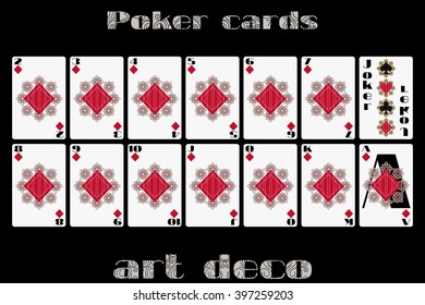 Playing cards diamond suit. Poker cards in the art deco style. Vector.