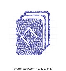 Playing cards, diamonds on top. Hand drawn sketched picture with scribble fill. Blue ink. Doodle on white background