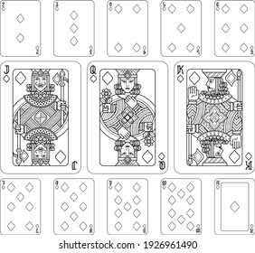 Playing cards diamonds set in black and white from a new modern original complete full deck design. Standard poker size.