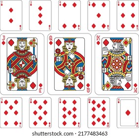 Playing cards diamonds set in yellow, red, blue and black from a new modern original complete full deck design. Standard poker size.