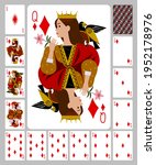 Playing cards of Diamonds suit and back in funny flat style. Vector illustration