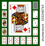 Playing cards of Diamonds suit and back on green background. Faces double sized. Original design. Vector illustration