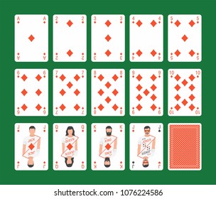 Playing cards of Diamonds suit and back on green background