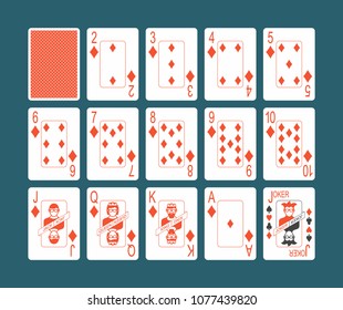 Playing cards of Diamonds suit and back on Blue background