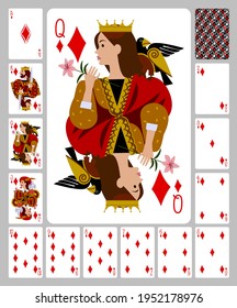 Playing cards of Diamonds suit and back in funny flat style. Vector illustration