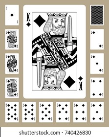 Playing cards of Diamonds suit in black and white. Original design. Vector illustration