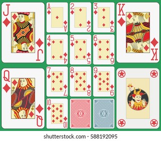 Playing cards diamonds suit, blackjack version. Faces and joker double sized. Two cards back and green background. 