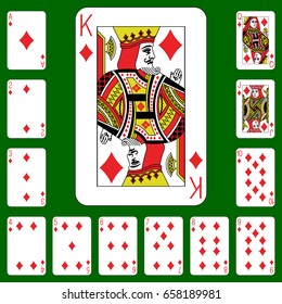 Playing cards of Diamonds suit on a green background. Vector illustration. 