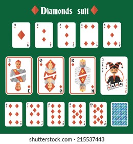 Playing cards diamonds suit set joker and back isolated vector illustration