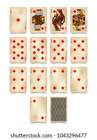 Playing cards of Diamonds suit in vintage style isolated on white. Original design. Vector illustration