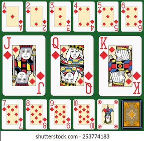 Playing cards, diamonds suite, joker and back. Faces double sized. Green background.