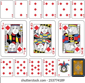 Playing cards, diamonds suite, joker and back. Faces double sized. Green background.