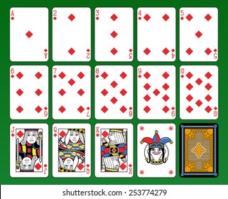 Playing cards, diamonds suite, joker and back. Green background.