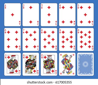 Playing cards diamonds suite on a blue background. Original figures inspired by french tradition.
