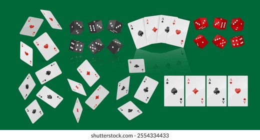 Playing cards, dice, card suits game, casino, poker, gambling, game, fun concept. Isolated elements Vector illustration