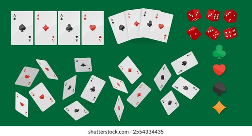 Playing cards, dice, card suits game, casino, poker, gambling, game, fun concept. Isolated elements Vector illustration