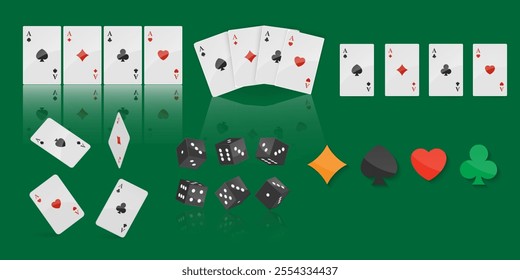 Playing cards, dice, card suits game, casino, poker, gambling, game, fun concept. Isolated elements Vector illustration