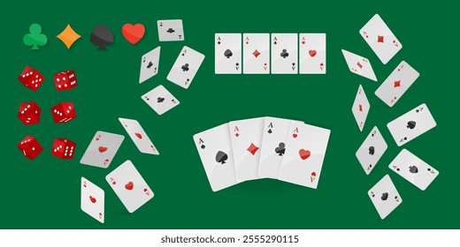 Playing cards, dice, card suits game, casino, poker, gambling, game, fun concept. Isolated elements Vector illustration