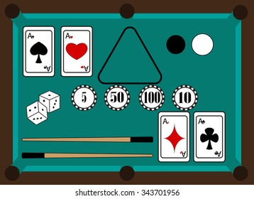 Playing cards, dice, chips, billiard supplies, located on a billiard table