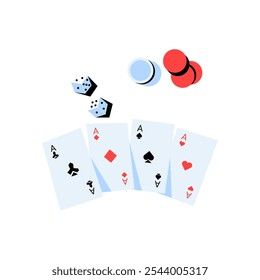 Playing Cards With Dice And Poker Chips In Flat Vector Illustration Symbolizing Gambling, Recreation, And Strategy, Isolated On White Background