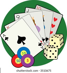 Playing cards, dice and poker chips on a green background