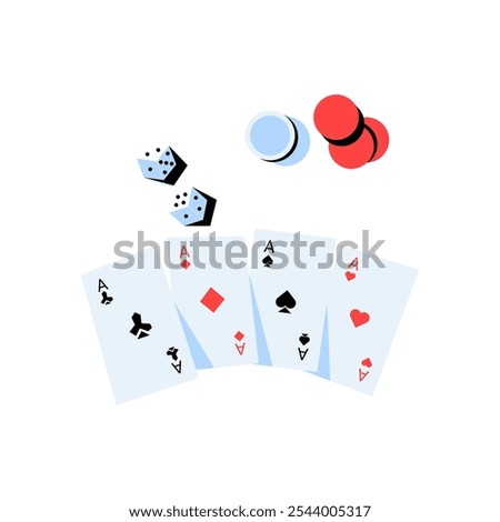 Playing Cards With Dice And Poker Chips In Flat Vector Illustration Symbolizing Gambling, Recreation, And Strategy, Isolated On White Background