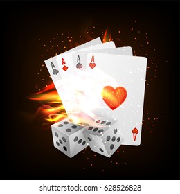 Playing Cards with Dices in fire. Creative Casino background.