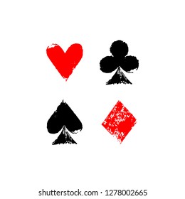 Playing cards different suits - hearts, diamonds, spades and clubs - grunge sponge prints, vector