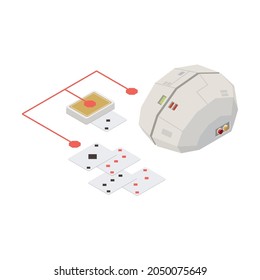 Playing cards with digital brain artificial intelligence concept isometric vector illustration