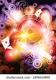 Jugando cartas y bola disco volando alrededor de la rueda del casino sobre fondo de malla con patrón giratorio , luz. Ilustración vectorial del casino de póquer. Rojo y negro. Concepto de juego, icono de aplicación móvil de póquer.