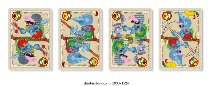 Playing cards. European knights. Jack. 4 suits, vector