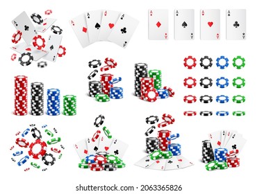 Playing cards fall and fly, betting chips piles and heaps, casino big set, realistic 3d icons. Vector gambling game coins in different angles. Stalks, poker aces clubs and diamonds, hearts and spades