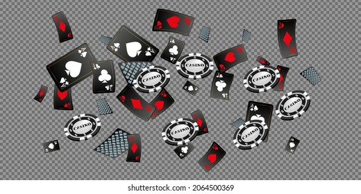 Citas de juego cayendo y fichas de Casino en fondo transparente. Ilustración vectorial. Patrón para anuncios de fiestas, eventos en Las Vegas.