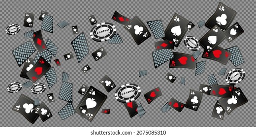 Playing Cards falling and Casino Chips on transparent background. Vector illustration. Pattern for ads of parties, events in Vegas.