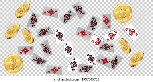 Playing Cards falling and Money on transparent background. Vector illustration. Pattern for ads of parties, events in Vegas. Vector illustration in vintage style.