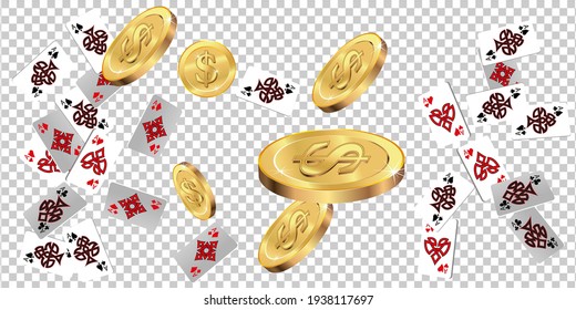 Playing Cards falling and Money on transparent background. Vector illustration. Pattern for ads of parties, events in Vegas. Vector illustration in vintage style.