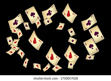 Playing Cards Falling on Black Background. Vector illustration in vintage style.