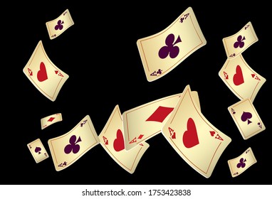 Playing Cards Falling on Black Background. Vector illustration in vintage style.