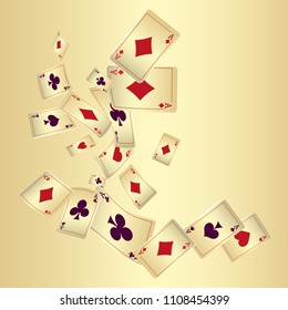Playing cards falling on gold background. Vector illustration.