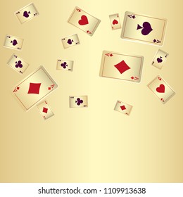 Playing cards falling on gold background. Vector illustration.